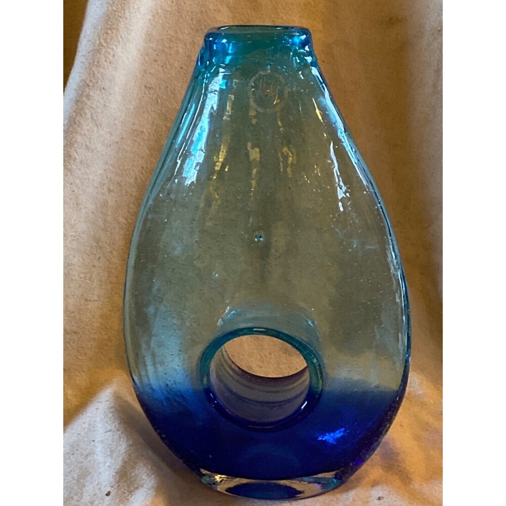 Margie’s Garden Art Hand Blown Blue Teal Ombre Bubble Glass Donut Hole 10”T